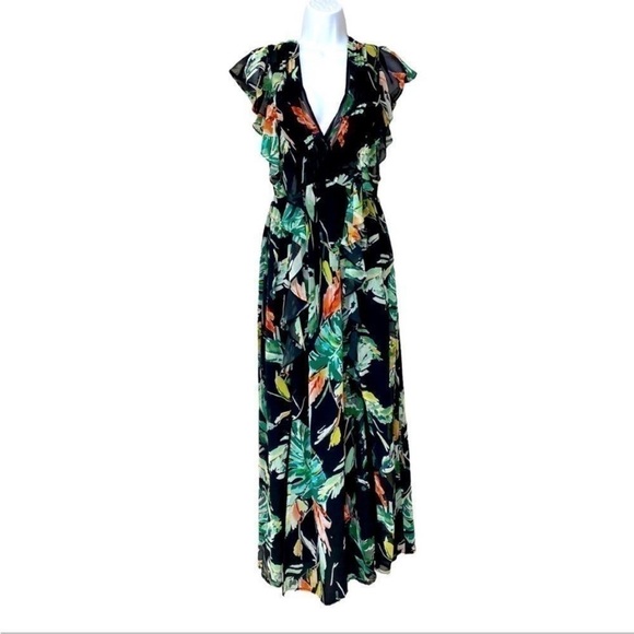 𝅺adelyn RAE Maxi Dress Black Floral Print Ruffle Flutter Sleeve Small S - Picture 1 of 14